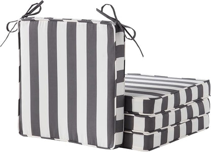 Outdoor 18 inch Square Patio Dining Chair Pads – Comfortable Fiber-Filled Seat Cushions with Ties, Reversible Polyester Fabric - Canopy Stripe Gray, Set of 4