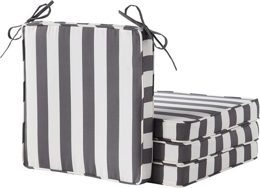 Outdoor 18 inch Square Patio Dining Chair Pads – Comfortable Fiber-Filled Seat Cushions with Ties, Reversible Polyester Fabric - Canopy Stripe Gray, Set of 4