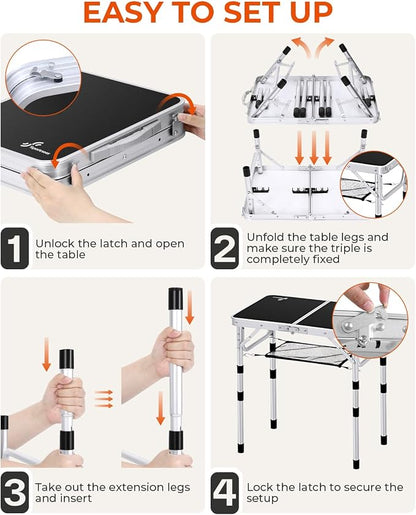 Sportneer Camping Table: Adjustable Height Small Folding Table 23.6" L x 15.7" W 4 Height with Mesh Layer - Compact & Portable Camping Essentials for Outdoor Camp Garden Picnic BBQ Dining Cooking