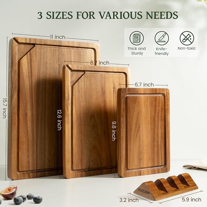 Kikcoin Acacia Wood Cutting Board Set of 3, Wooden Cutting Boards for Kitchen with Deep Juice Grooves, Butcher Block Wooden Chopping Board for Meat, Large Solid Charcuterie Boards Serving Tray