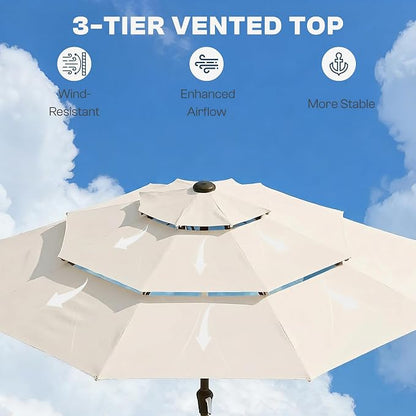 10ft 3 Tier Patio Umbrella, Outdoor Market Table Umbrella with UPF 50+ Vented Canopy, 8 Sturdy Ribs, Easy Push Button Tilt and Crank, Windproof for Deck, Pool, Backyard and Garden
