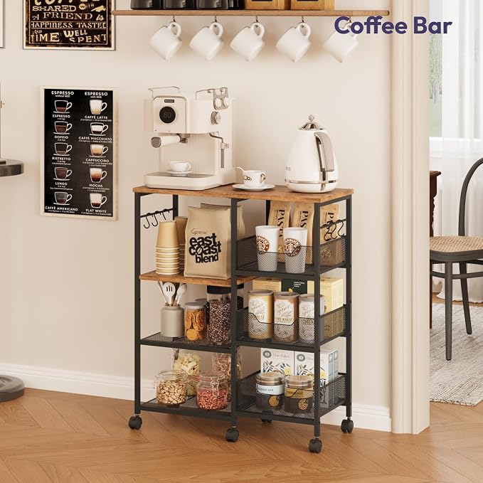 SWTYMIKI Kitchen Island Cart on Wheels - 4 Tier Rolling Kitchen Table Cart with Storage Shelves, 6 Removable Hooks& Locking Casters, Coffee Bar Cabinet for Dining Room Pantry Office, Espresso