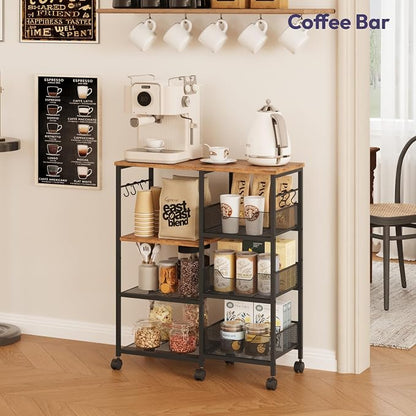 SWTYMIKI Kitchen Island Cart on Wheels - 4 Tier Rolling Kitchen Table Cart with Storage Shelves, 6 Removable Hooks& Locking Casters, Coffee Bar Cabinet for Dining Room Pantry Office, Espresso