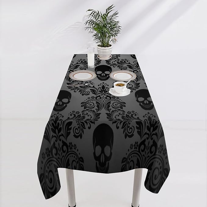 Gothic Black Damask Tablecloth, Vintage Floral Exotic Suger Skull Bohemian Antique Victorian Table Cloth Water Resistant Table Cover for Farmhouse Party Holiday Kitchen Dinner Table 55x75"