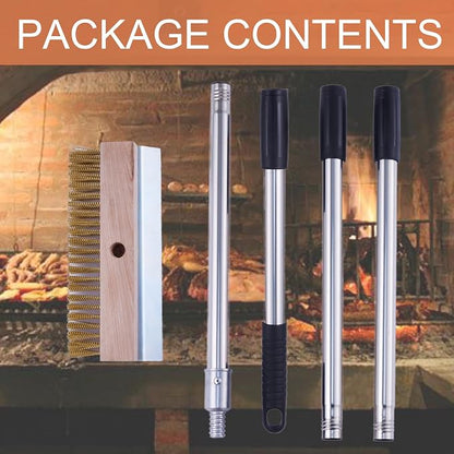 Pizza Oven Brush with Scraper, 57-Inch Long Handle | Aluminum head, stainless steel scraper, 4-section detachable handle for pizza ovens, grill grates, and oven racks.