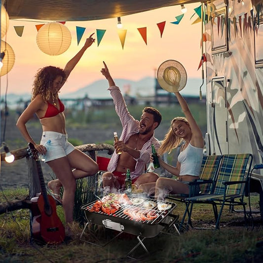 Portable Barbecue Grill with Lid, Small Charcoal Grill for Outdoor Cooking Folding Barbecue Grill with Vent System Table Top BBQ Grill for Camping Backyard Patio Picnic
