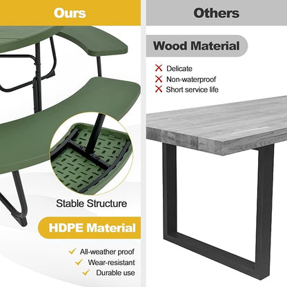 Tangkula 8 Person Picnic Table, Outdoor Round Picnic Table with 4 Built-in Benches, Umbrella Hole, Metal Frame & HDPE Tabletop, Outside Table and Bench Set for Backyard, 2300lbs Weight Capacity