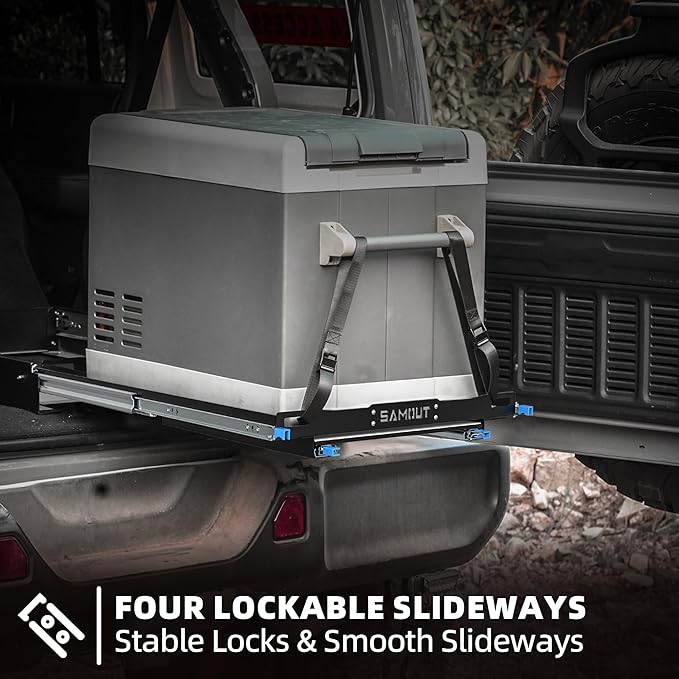 SAMOUT Fridge Slide with Chopping Board, Inner 29.2 x 18.7in, Vehicle Refrigerator Slider with 4 Buckle Straps, Max 287 LBS, 3rd Gen