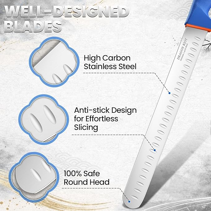 DRAGON RIOT Carving Knife 10 Inch, Brisket Slicing Knife, Ultra Sharp Straight Edge Meat Knife, German 1.4116 Stainless Steel, Professional Slicer for Beef, Turkey & BBQ, Non-Slip Blue Handle