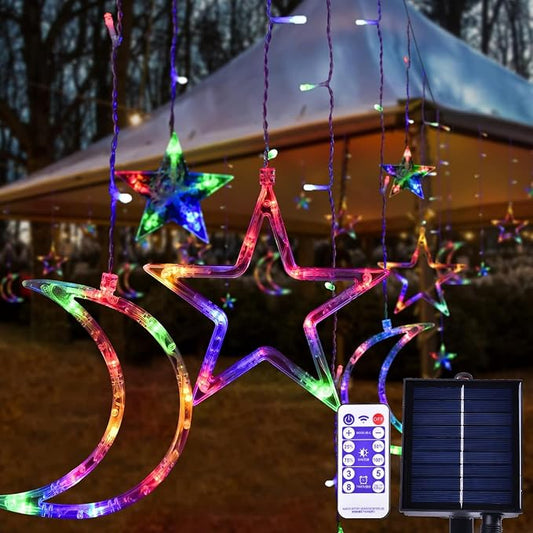 138 LED Ramadan Decorations Lights, Solar Moon Star Lights for Outdoor Waterproof, Solar Powered String Lights with 8 Modes, Ramadan Hanging Decor for Indoor, Home, Patio (Multi-Colored)