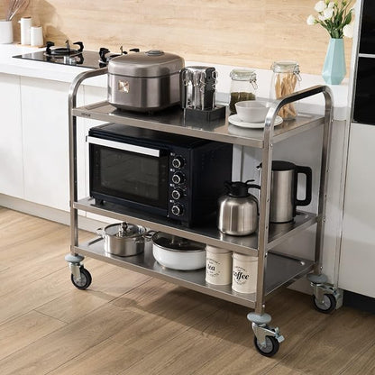 VEVOR Extra Large Utility Cart, 3 Tier Rolling Cart with Adjustable Shelf, Stainless Steel Kitchen Serving Cart with Swivel Casters Brake Wheels, Metal Food Storage Service Trolley, 37"L x 20"D x 37"H