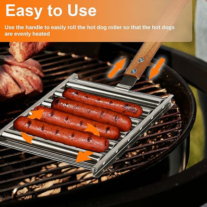 Hot Dog Roller Stainless Steel Sausage Roller Rack with Extra Wood Handle,BBQ Hot Dog Griller for Evenly Cooked Hot Dogs,5 Hot Dog Capacity,Grill Accessories with Tongs