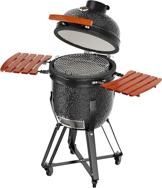 ROOMTEC 18-Inch Kamado Ceramic Charcoal Grill, Portable Grill Charcoal with Cart/Side Shelves/Cover, Tabletop Barbecue Grill for Home Party and Outdoor Backyard Cooking, Black