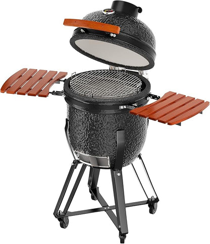 ROOMTEC 18-Inch Kamado Ceramic Charcoal Grill, Portable Grill Charcoal with Cart/Side Shelves/Cover, Tabletop Barbecue Grill for Home Party and Outdoor Backyard Cooking, Black