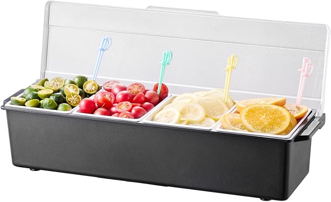 VEVOR Chilled Condiment Server, 4 Compartment Ice Cooled Condiment Serving Container, Chilled Garnish Tray Bar Caddy with Lid, for Bartending & Serving Taco, Salad, Fruit, Home & Restaurant Supplies
