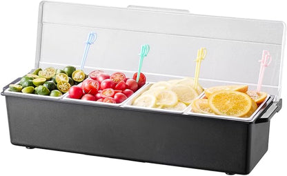VEVOR Chilled Condiment Server, 4 Compartment Ice Cooled Condiment Serving Container, Chilled Garnish Tray Bar Caddy with Lid, for Bartending & Serving Taco, Salad, Fruit, Home & Restaurant Supplies