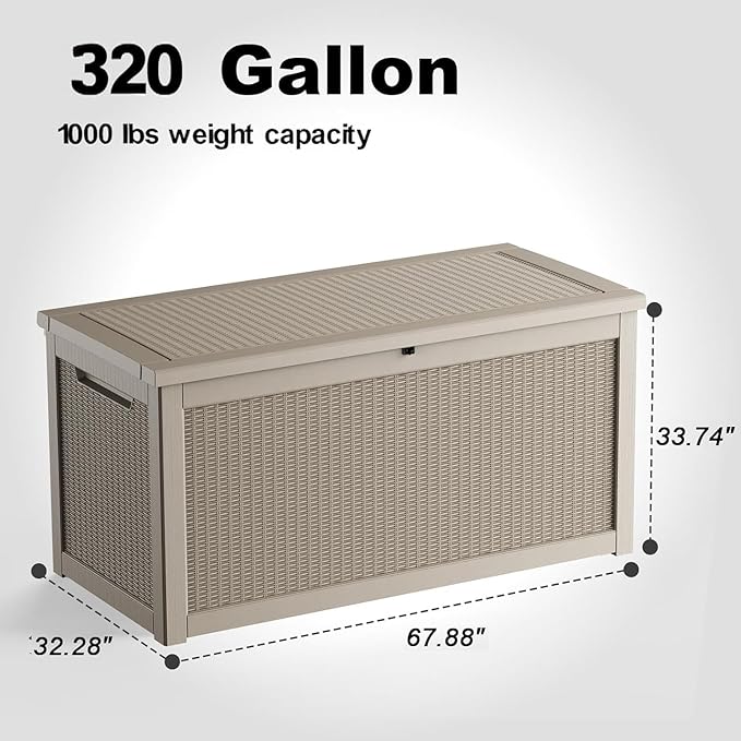320 Gallon Outdoor Storage Box,Large Waterproof UV Resistant Deck Box,Lockable Storage Container for Patio Furniture Cushions Garden Tools and Pool Accessories(Gray，320 Gallon)