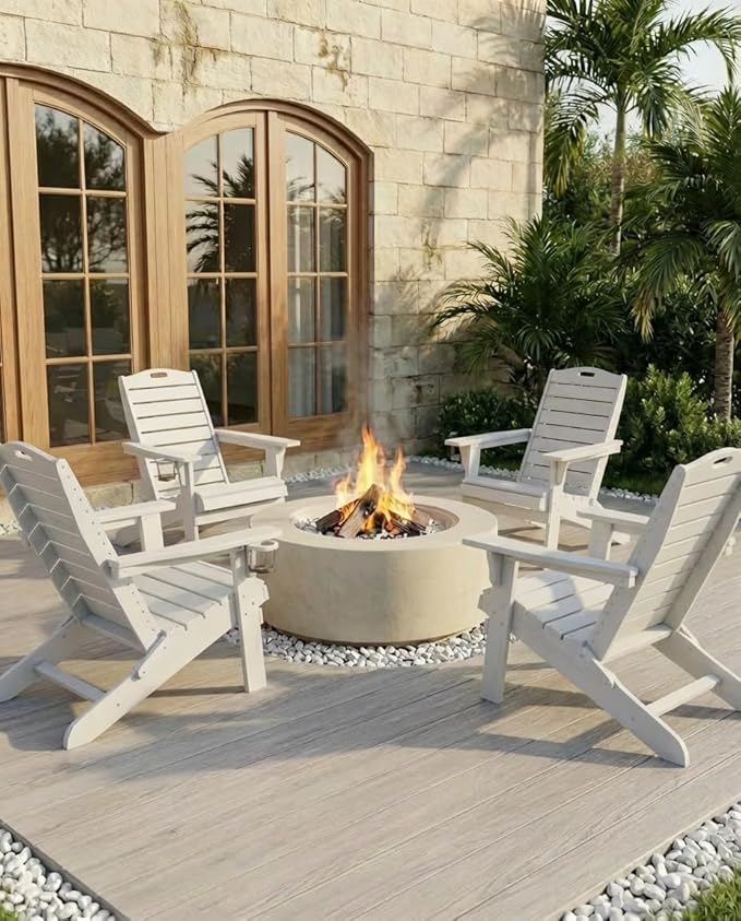 Adjustable Adirondack Chairs Set of 6 with Retractable Ottoman, HDPE Folding Adirondack Chair with Cup Holders, Weather Resistant for Backyard, Poolside & Fire Pit (White)