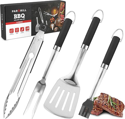 PARGRILL Grill Accessories Heavy Duty BBQ Set Gifts for Men/Women - Premium Stainless Steel Spatula, Fork, Brush & Tongs, Barbecue Utensils Tool Kit Gift for Grilling Lover Outdoor