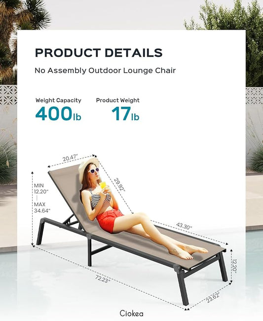 Ciokea Aluminum Foldable Lounge Chairs Set of 2 with 1 Outdoor Aluminum Side Table ，Perfect Match ，Suitable for Courtyard, Balcony, Lawn and Other Scenes，Khaki