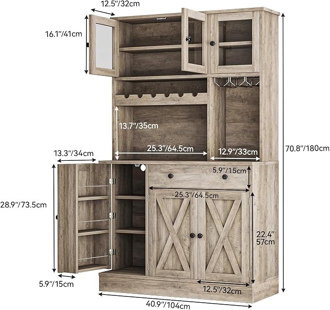 YITAHOME 71''H Kitchen Pantry Cabinet, Grey | Tall Cabinet with Drawer, Doors & Goblet Holder, Wine Rack, Power Outlet, For Kitchen & Living Room