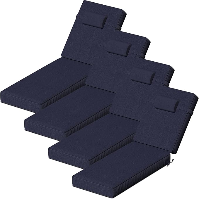 72 x 21 x 4 Inch Olefin Chaise Lounge Cushions, Lounge Chair Cushions with Headrest for Outdoor Furniture - Weather and Fade Resistant Patio Replacement Furniture Lounge Chair Cushion Set of 4
