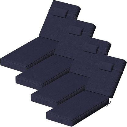 72 x 21 x 4 Inch Olefin Chaise Lounge Cushions, Lounge Chair Cushions with Headrest for Outdoor Furniture - Weather and Fade Resistant Patio Replacement Furniture Lounge Chair Cushion Set of 4