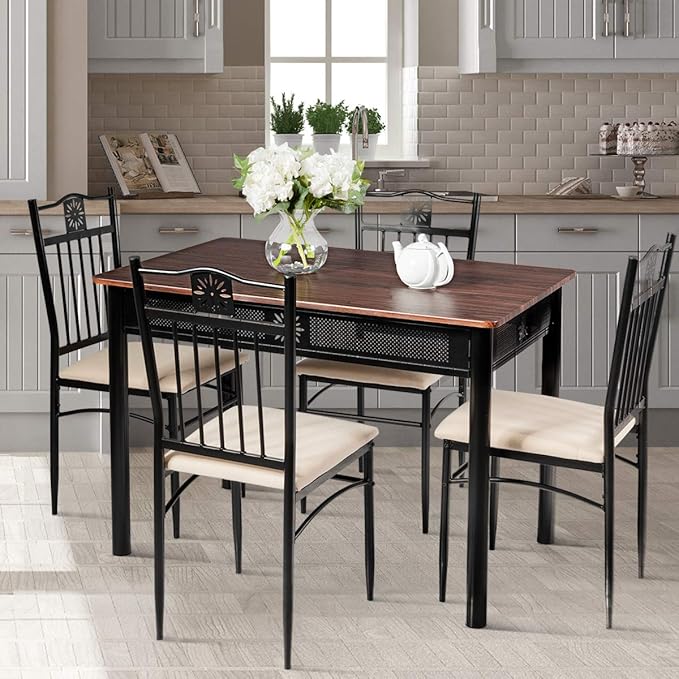 Tangkula 5 Pieces Dining Table and Chairs Set, Vintage Retro Wood Top Metal Frame Padded Seat Dining Table Set Home Kitchen Dining Room Furniture