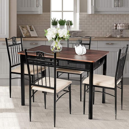 Tangkula 5 Pieces Dining Table and Chairs Set, Vintage Retro Wood Top Metal Frame Padded Seat Dining Table Set Home Kitchen Dining Room Furniture