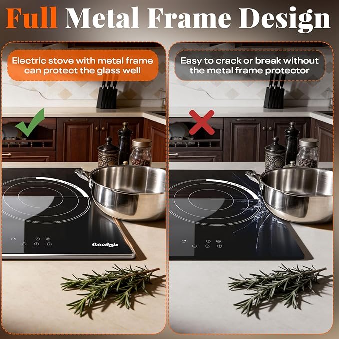 24 Inch Electric Cooktop, 3 Burner Built-in Ceramic Stove Top 220V-240V, 5700W Radiant Electric Cook Top with Touch Control, Timer, Safety Lock, 220V Hard Wired (No Plug)
