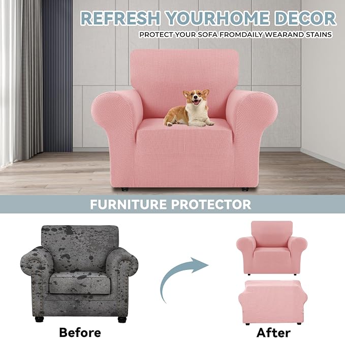 LURKA Stretch Chair Cover for Sofa, 1 Piece Armchair Slipcover, Pink | Soft Stretch Jacquard, Fits 31"-55" Armchairs, Elastic Bottom for Secure Fit, Machine Washable, Pet & Kid Friendly