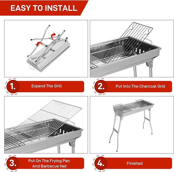 Stainless Steel BBQ Charcoal Grill, 28x 13 x 27" Portable & lFoldable Barbecue Grill, Outdoor Patio Garden Heating Smoker for Cooking Camping Hiking Picnic Garden Beach Party