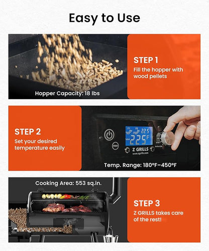 Z GRILLS ZPG-550B2 Wood Pellet Grill & Smoker with PID 3.0 Controller, 553 sq in Cooking Area, Meat Probe, Hopper Cleanout, 8 in 1 BBQ Grill Outdoor Auto Temperature Control, Black