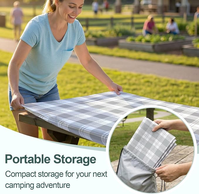 Picnic Table Cover Bench Covers Camping Essentials Tablecloth | Waterproof Vinyl for Outdoor, Windproof Elastic Fitted Edges, RV BBQ Accessories Must Haves, Storage Bag Included