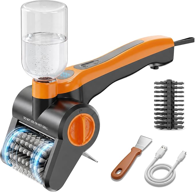 Electric Grill Brush, 100W High Torque Motor BBQ Cleaner with 300ml Water Spray,IPX8 Waterproof & Heat-Resistant, 2-Speed Rechargeable for Gas Charcoal Grill, Includes Scraper & Carry Case