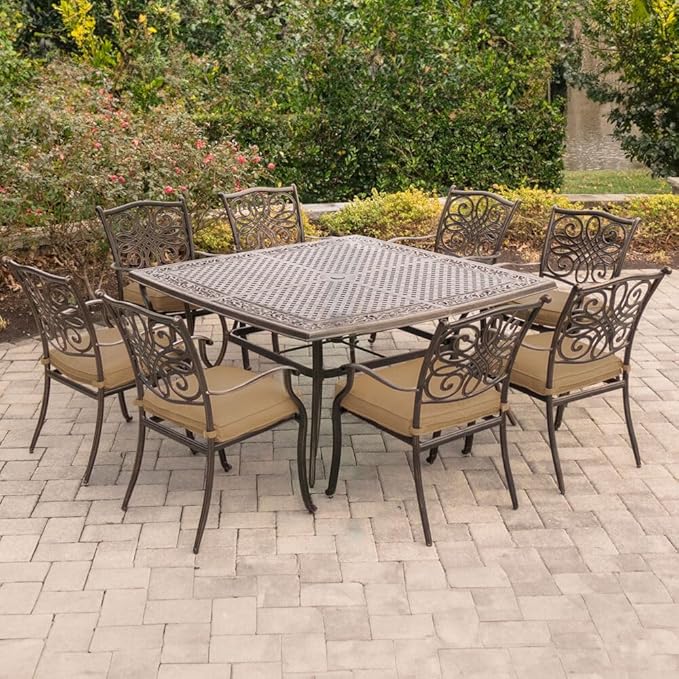 Hanover Traditions 9-Piece Patio Dining Set with 60" Square Cast-Top Dining Table and 8 Chairs with Tan Cushions, Modern All Weather Outdoor Dining Set with Rust-Resistant Aluminum Frames for Backyard