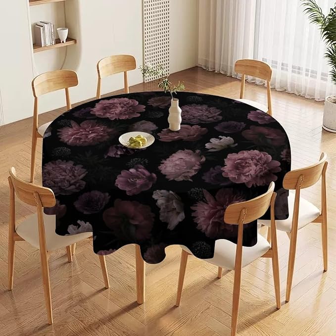 Vintage Florals Round Tablecloth, Gothic Summer Garden Peonies Flowers Rustic Roses Boho Botanical Plant Water Resistant Wipeable Table Cover for Picnic Party Holiday Kitchen Dinner Table 70"