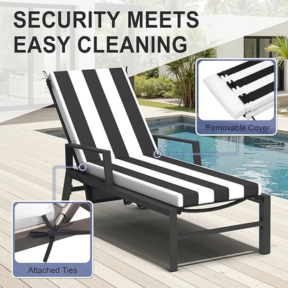 Crestlive Outdoor Chaise Lounge Cushions, 3 Years Fade Resistant Water Resistant Lounge Chair Cushion, 80''L x 23''W, Set of 2, Black Cabana Stripe