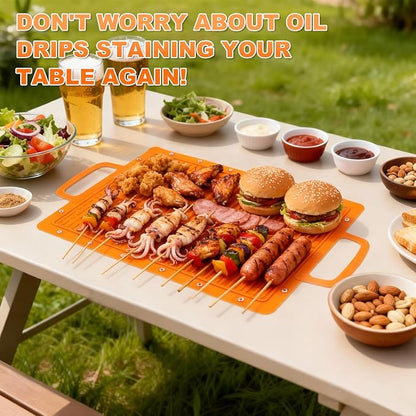 Portable Silicone Grill Mat, Heat Resistant Grill Side Shelf Mats for Food, Foldable Griddle Tools Mat with Drip Pad & Snap Buttons, Non Slip Griddle Accessories Storage Bag for Outdoor Cooking