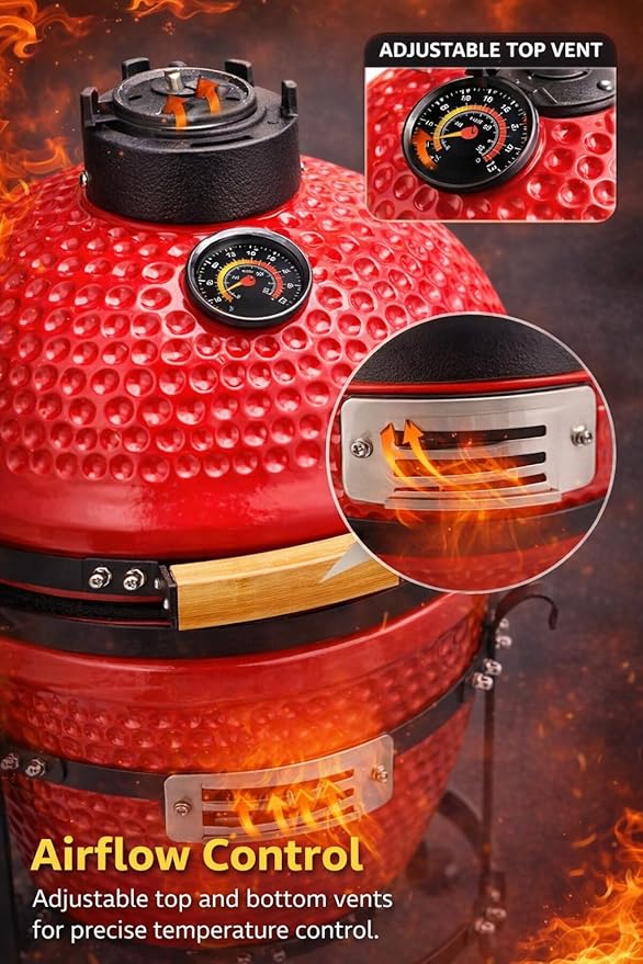 13-in W Kamado Grill with Built-in Thermometer, Oval Grill with Cast Iron Grates, Bamboo handle, Portable Ceramic Grills with Low Stand for Backyard, Patio, Deck grilling, Red
