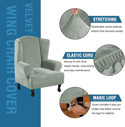 H.VERSAILTEX Wingback Chair Covers Velvet Plush Wing Chair Slipcover 1 Piece High Stretch Wing Back Chair Slipcovers Sofa Cover Furniture Cover with Elastic Bottom, Sea Grass