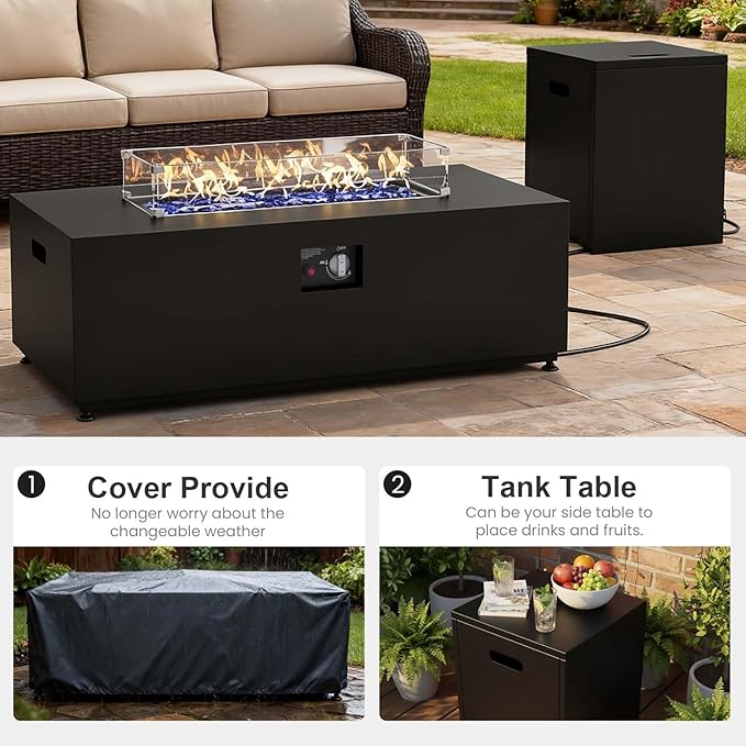 42" Propane Fire Pit Table Set with Tank Holder, Rectangle 2-Piece Outdoor Firepit Wind Guard, Lid, Glass Stones and Cover