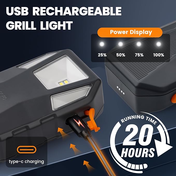 Grill Light BBQ Light for Blackstone and Weber Grill, Auto On and Off | 160° beam, 2 brightness levels, 4000mAh, USB-C Charge, IP54 Waterproof, Grilling Accessories Grill Gifts for Men Dad Husband