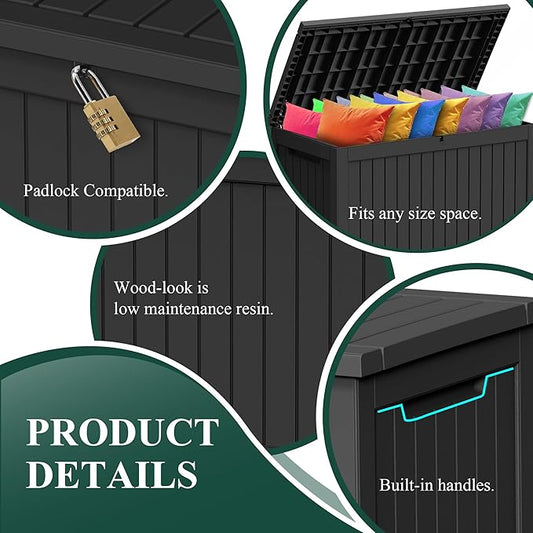280 Gallon Outdoor Storage Box Waterproof - Outside Resin Deck Box, Lockable Storage Bin for Patio Furniture,Garden Tools,Cushions,Pool Accessories(Black)
