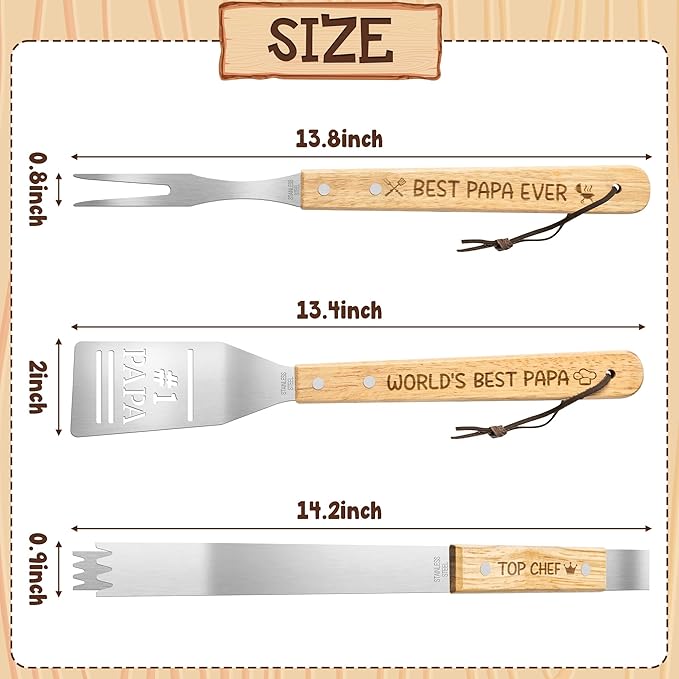 Haooryx Father BBQ Grill Tool Accessories Set - 3Pcs Best Papa Ever Stainless Steel Grilling Tong Fork Spatula Top Chef Dad Birthday Present Father Outdoor Housewarming Camping Holiday Party Supply