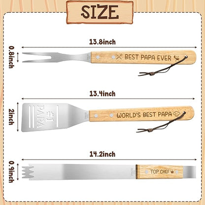 Haooryx Father BBQ Grill Tool Accessories Set - 3Pcs Best Papa Ever Stainless Steel Grilling Tong Fork Spatula Top Chef Dad Birthday Present Father Outdoor Housewarming Camping Holiday Party Supply