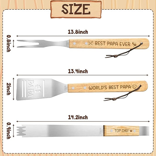 Haooryx Father BBQ Grill Tool Accessories Set - 3Pcs Best Papa Ever Stainless Steel Grilling Tong Fork Spatula Top Chef Dad Birthday Present Father Outdoor Housewarming Camping Holiday Party Supply