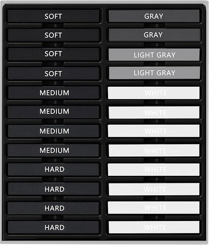 24 Pcs Compressed Charcoal Sticks with Soft, Medium, Hard and White Charcoal, Square Charcoal Stick Kit for Drawing, Sketching and Shading (12 Black + 4 Gray + 8 White)
