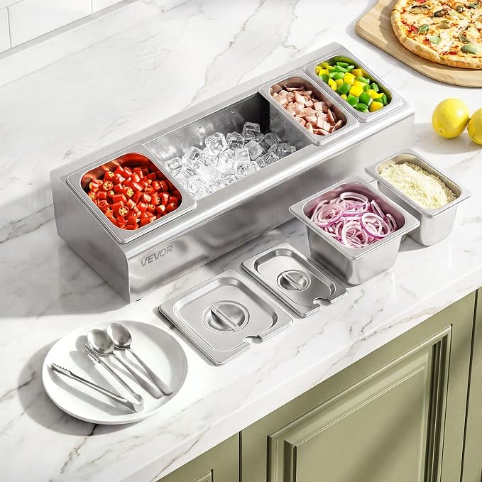 VEVOR Countertop Food Serving Display Container, Stainless Steel Food Salad Server Tray, Buffet Condiment Dispenser, Ice Cooled Rack with Separate Lid, for Restaurant Hotel Kitchen (2x1/6+3x1/9 Pan)
