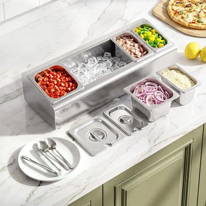 VEVOR Countertop Food Serving Display Container, Stainless Steel Food Salad Server Tray, Buffet Condiment Dispenser, Ice Cooled Rack with Separate Lid, for Restaurant Hotel Kitchen (2x1/6+3x1/9 Pan)